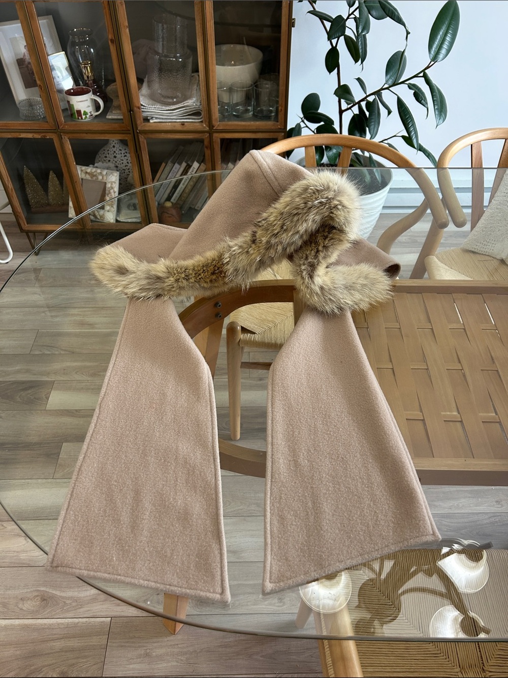 Vintage 100% Wool Neutral Beige Hooded Scarf Authentic Fur Trim